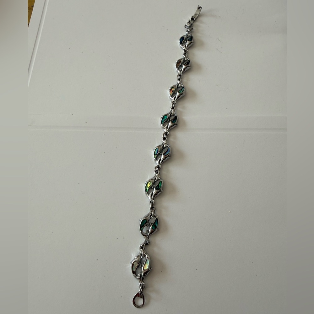 Silver-Tone Abalone Shell Link Bracelet - Green Iridescent